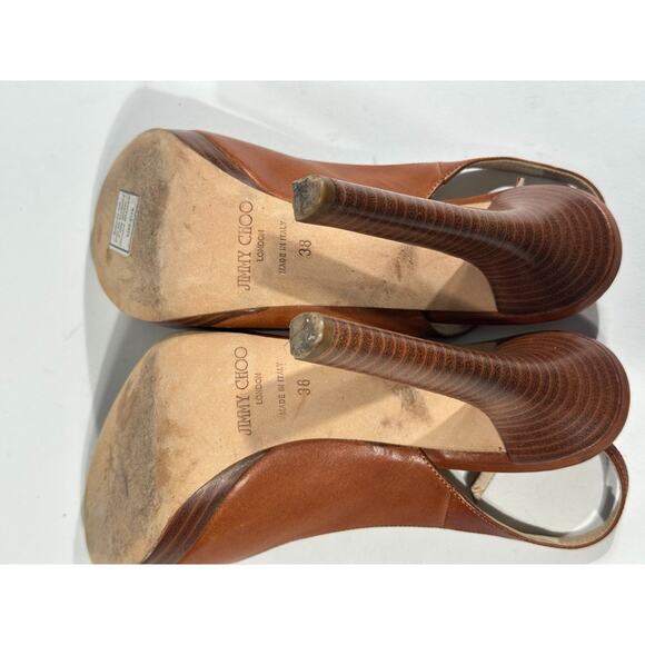 Jimmy Choo Platform Slingback Peep Roe Patent Leather Tan High Heel 7.5" - Picture 3 of 5